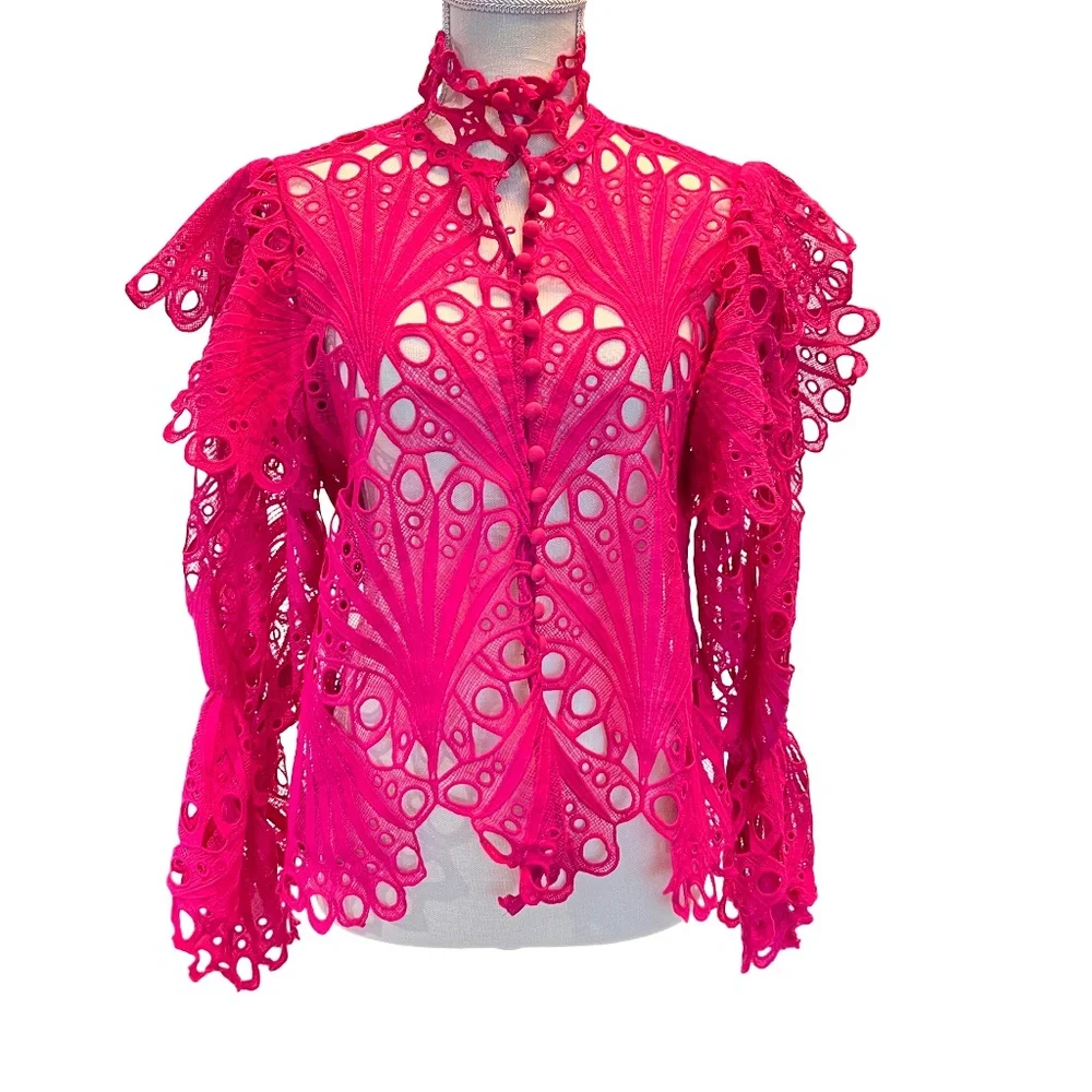 # A077 Nancy Vintage Fuchsia Lace Ruffle Blouse ,  New no tag , Size M